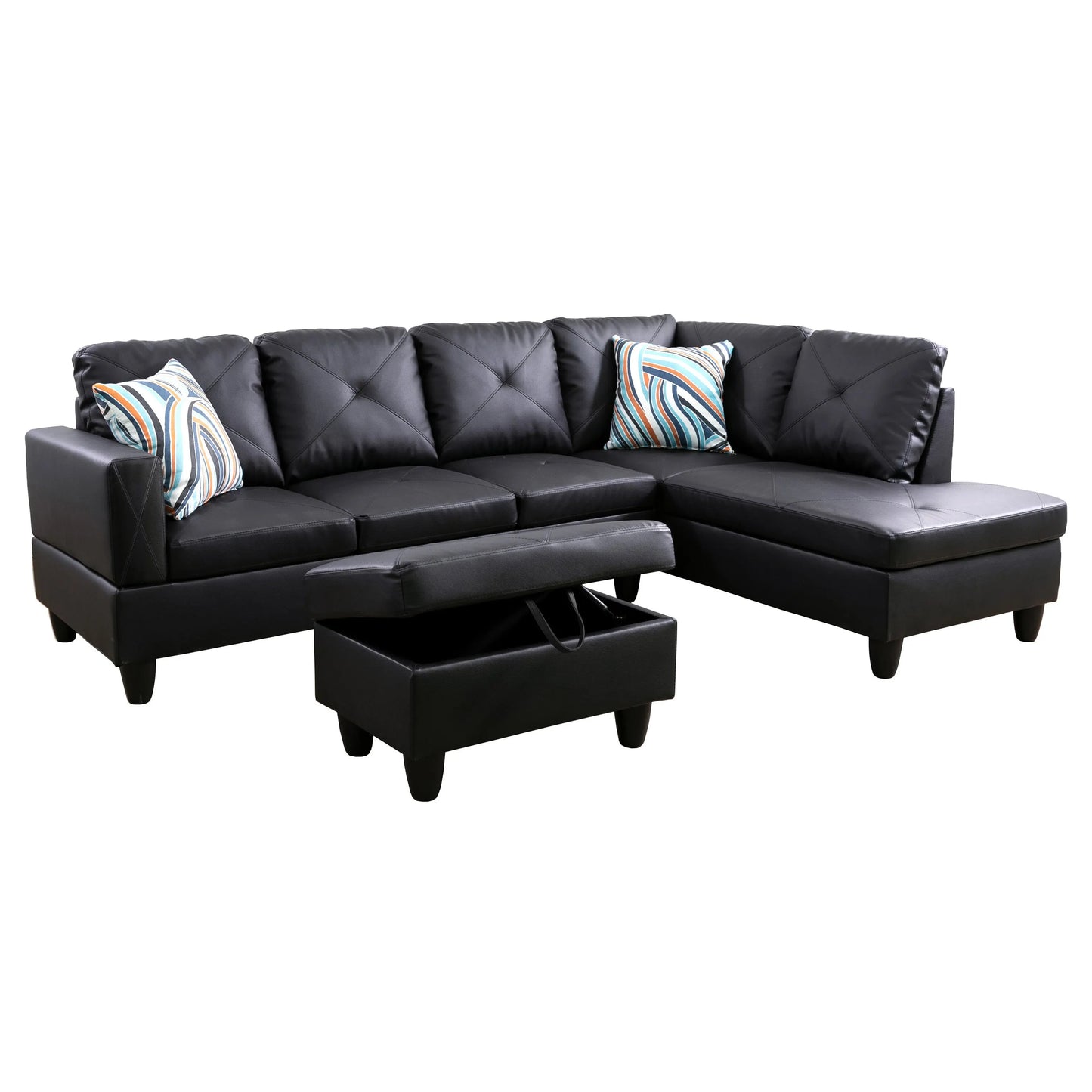 97" Wide Black Faux Leather L-Shaped Living Room Sectional Sofa Set — image 4