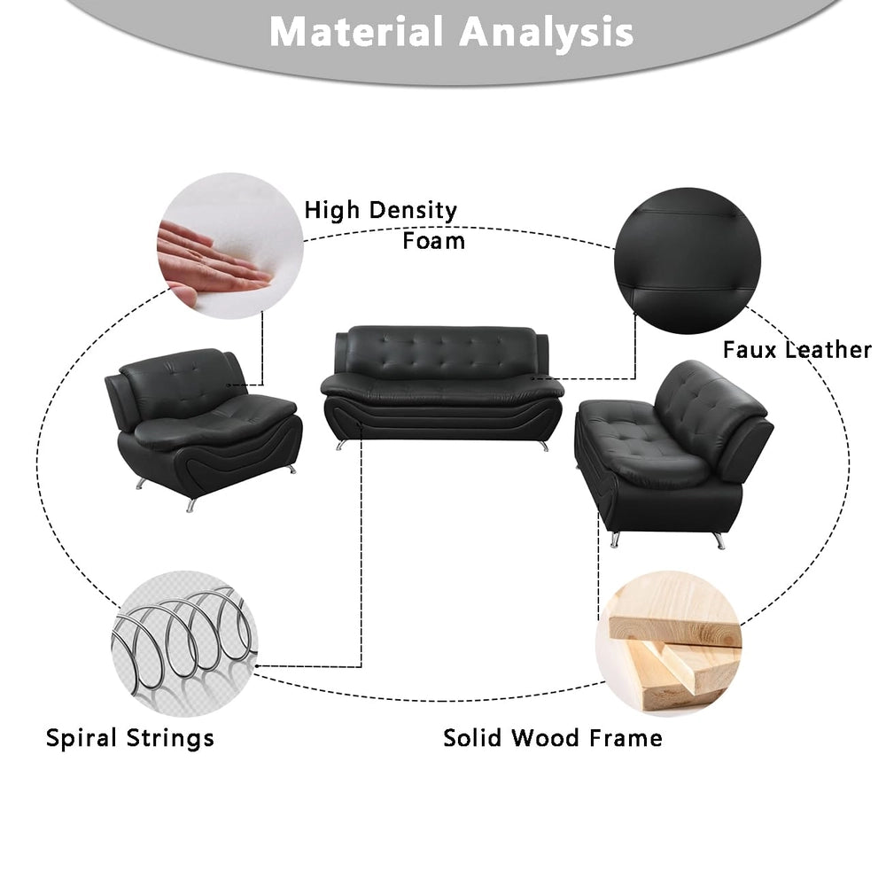 Ainehome Black Faux Leather 3-Piece Living Room Sofa Set with Elegant Design
