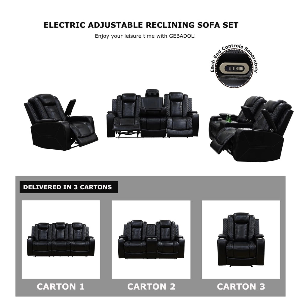 Black Leather Power Reclining Sectional Sofa with 170° Recline & Reading Lamp — Loveseat image 5