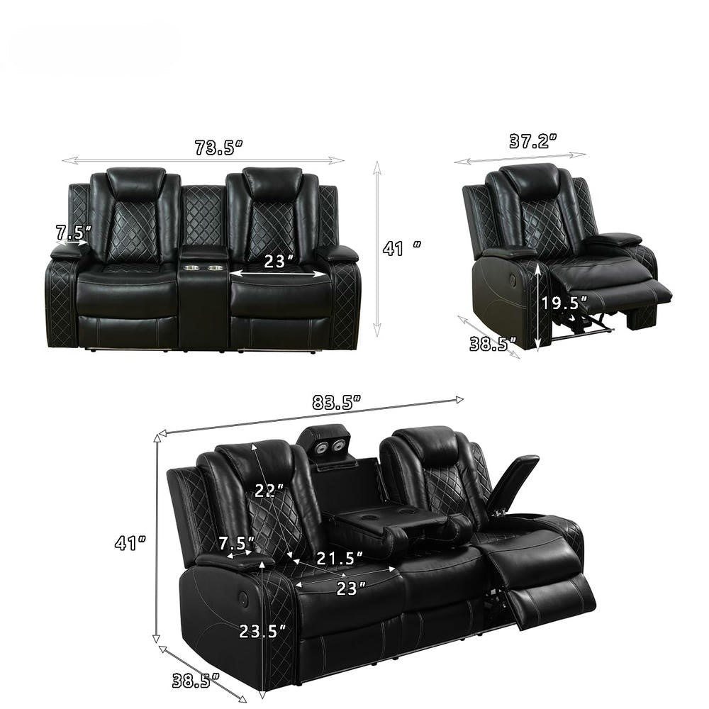 Ainehome Black Leather Power Reclining Sofa Set with Smart Console & LED Lighting