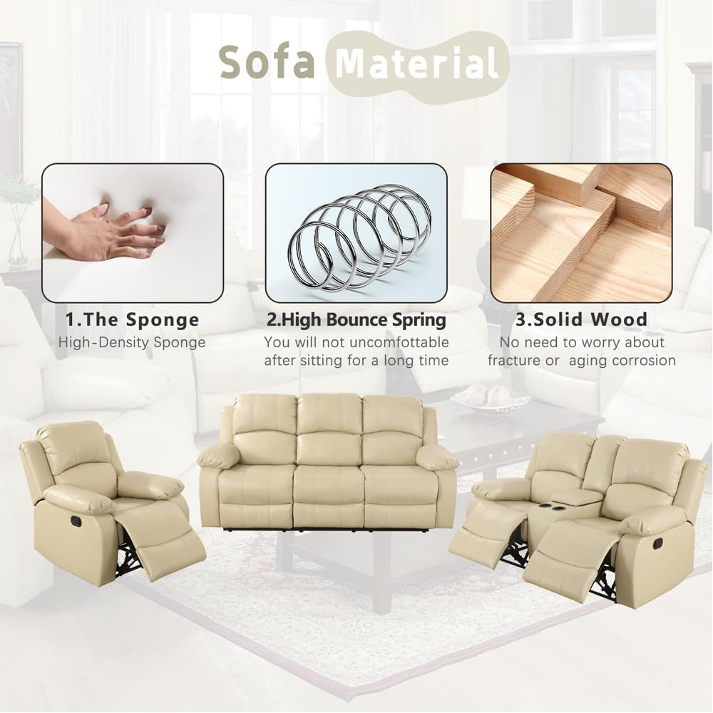 Ainehome Cinema 3-Piece Beige Faux Leather Manual Reclining Sofa Set
