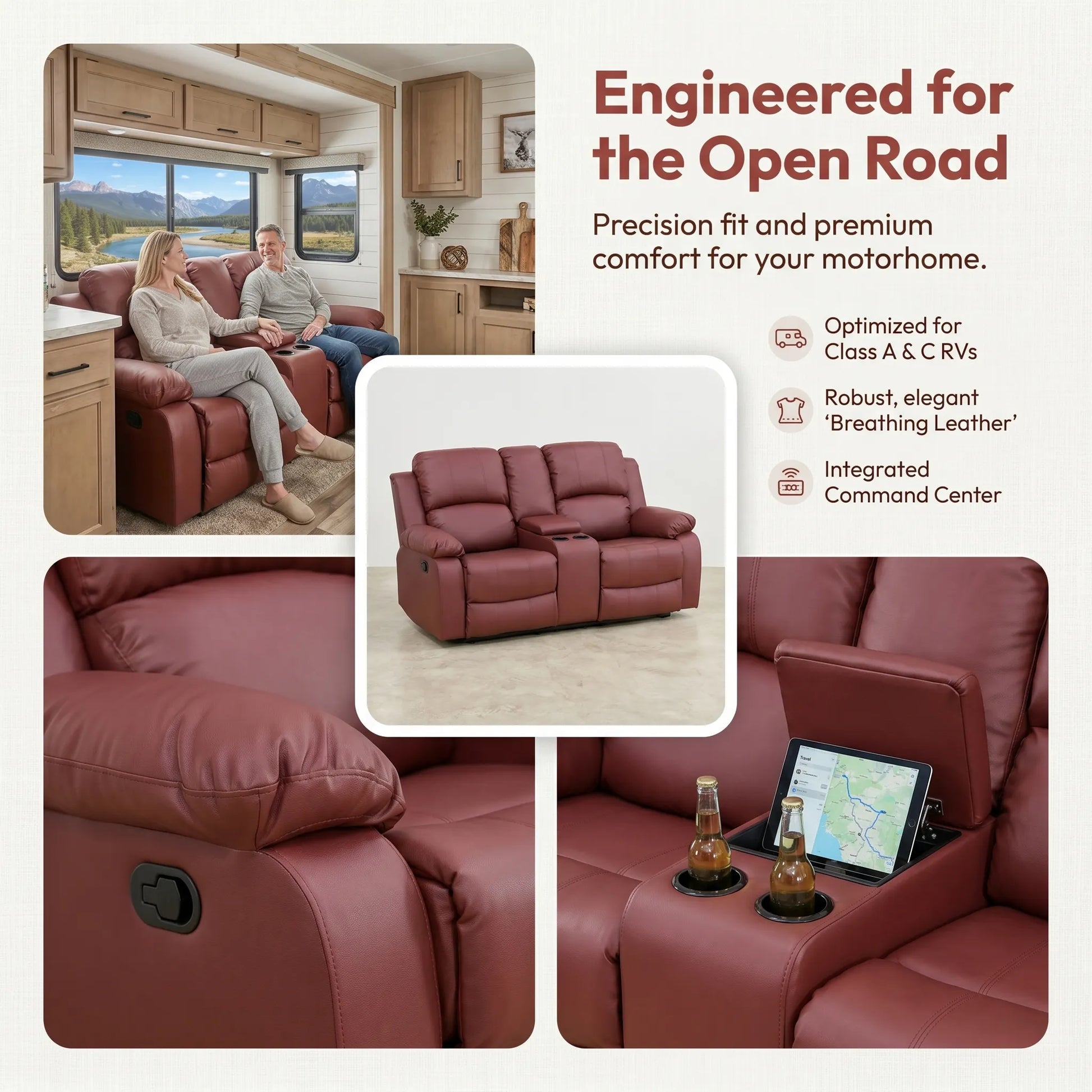 Ainehome 68" Manual RV Loveseat Recliner with Storage Console - Breathable Synthetic Leather Motorhome Sofa Replacement - 67" Full Extension & 26" Door Friendly - Walnut Brown