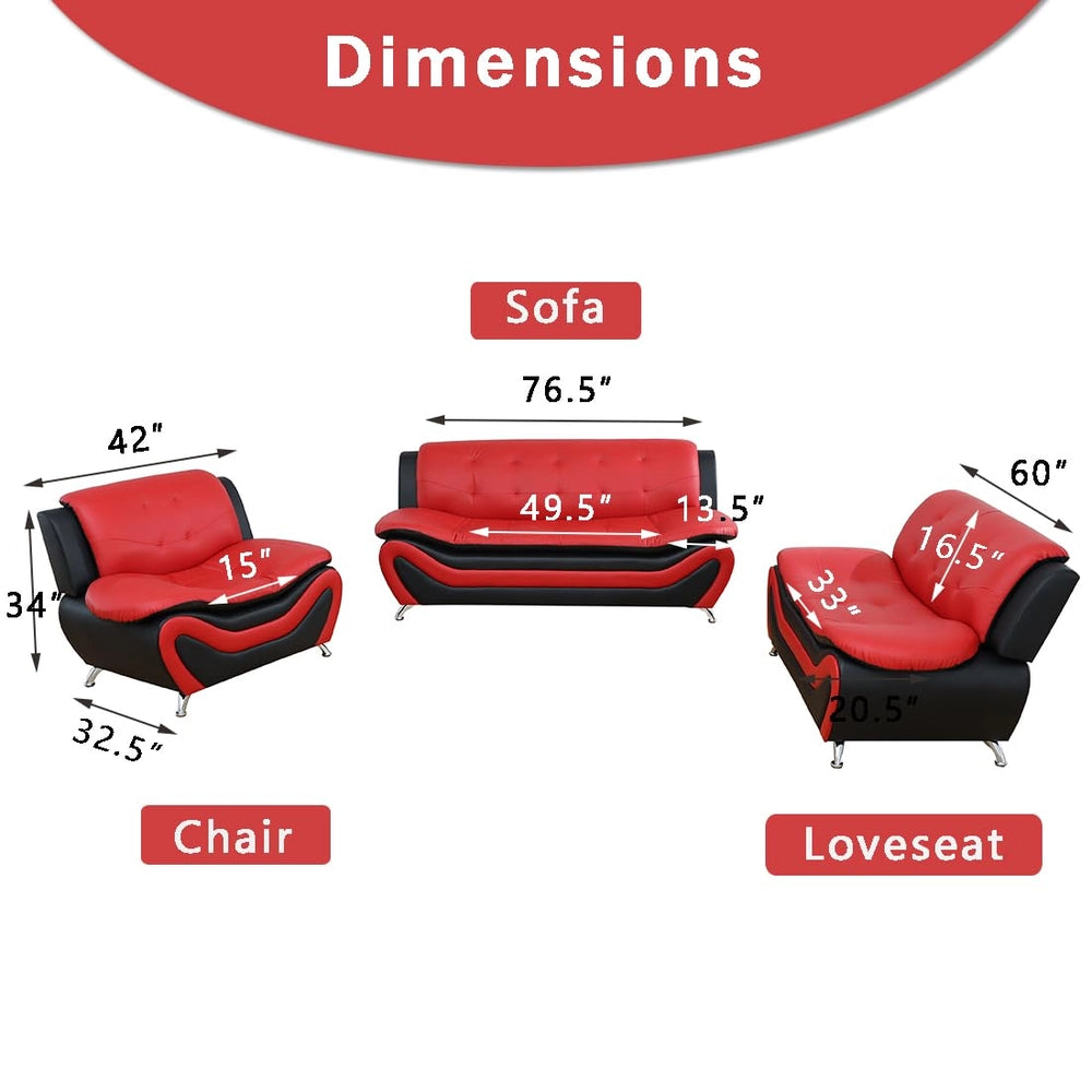 Ainehome Black & Red Faux Leather 3-Piece Living Room Sofa Set with Elegant Design
