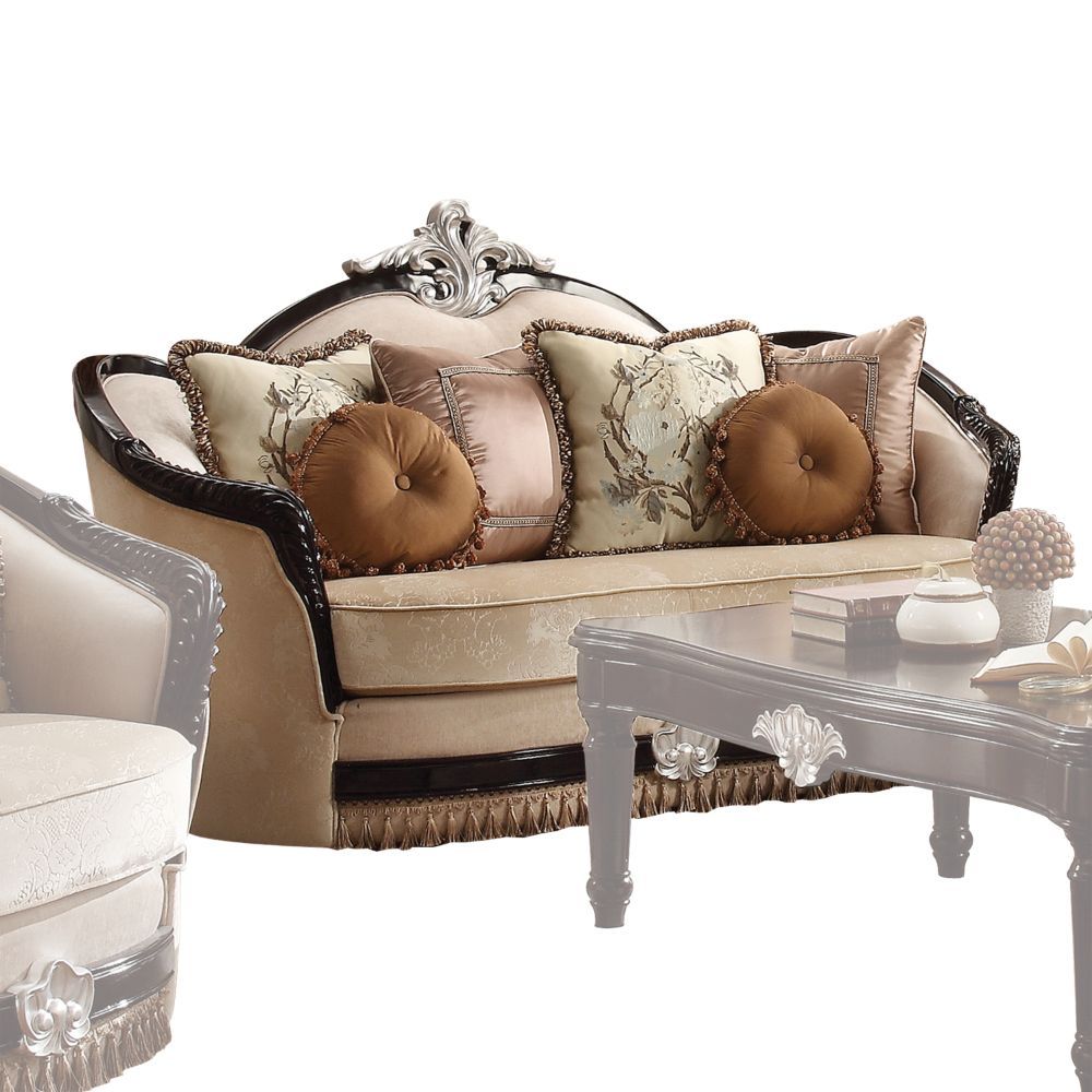 Ernestine - Loveseat With 6 Pillows - Tan Fabric & Black