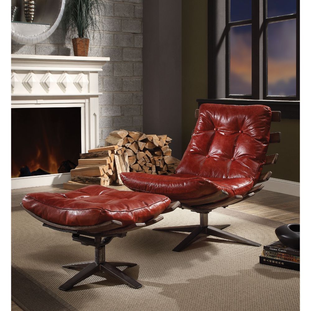 Gandy - Chair & Ottoman - Antique Red Top Grain Leather