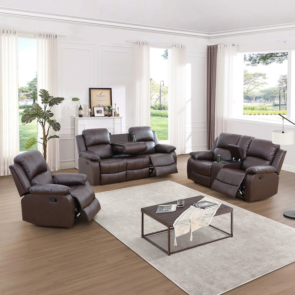 Ainehome "Cinema" 3-Piece Brown Faux Leather Manual Reclining Sofa Set