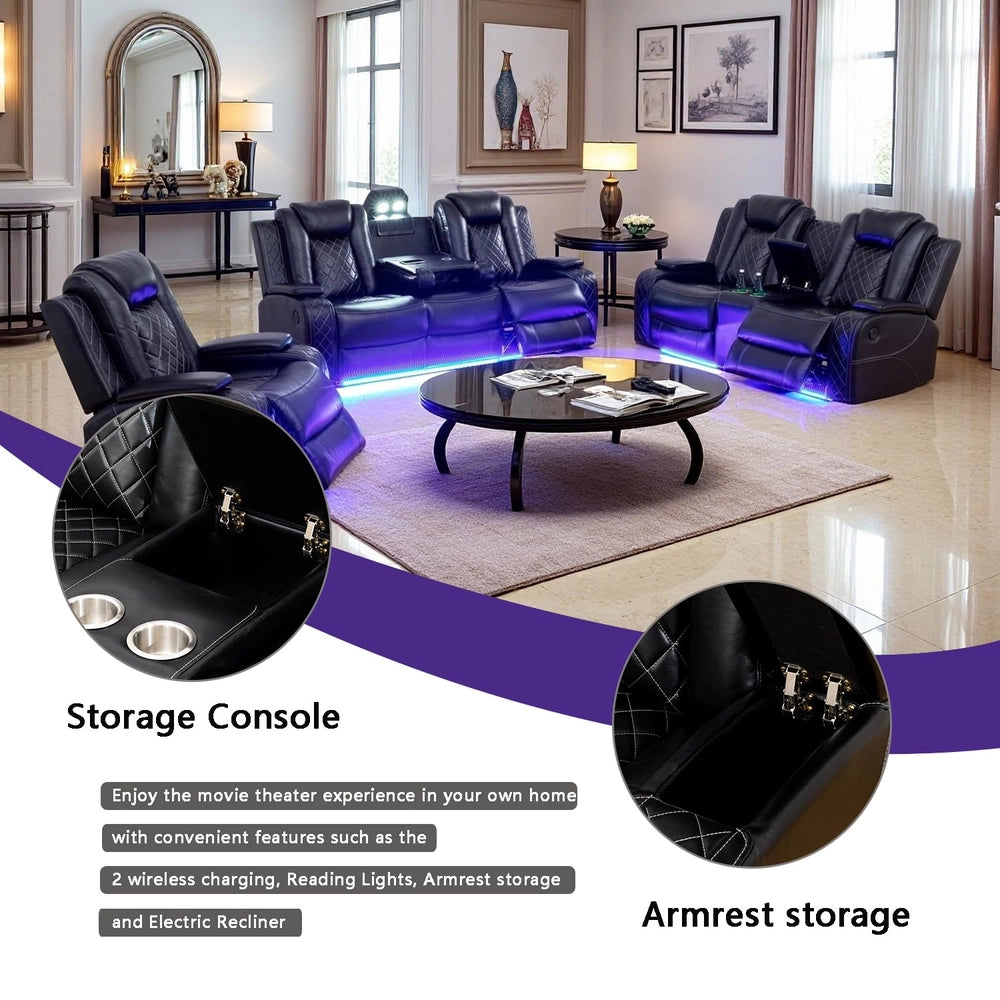 Ainehome Black Leather Power Reclining Sofa Set with Smart Console & LED Lighting
