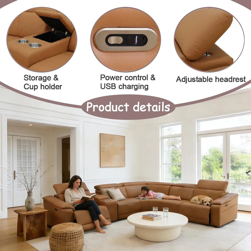 Ainehome Light Brown Leather 5-Seater Modular Power Reclining Sectional Sofa Set with Smart Storage & USB