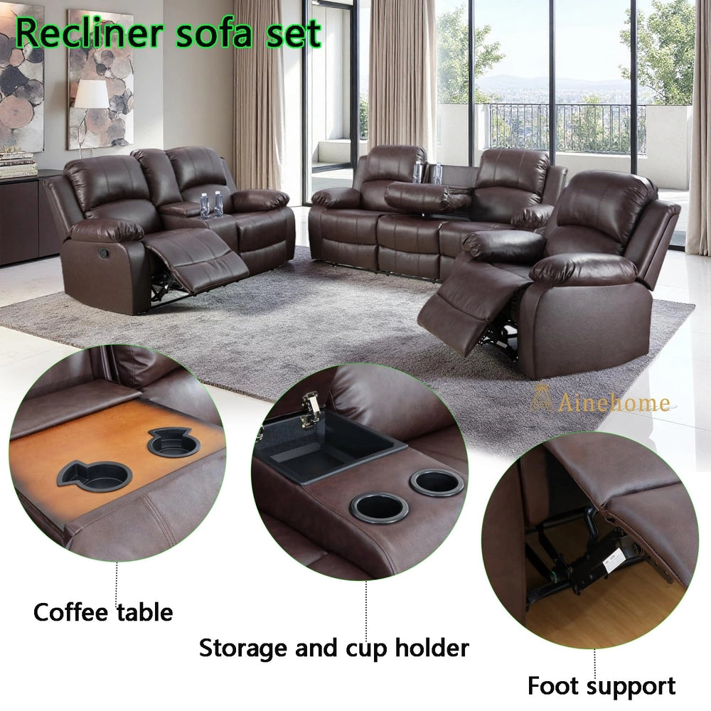Ainehome "Cinema" 3-Piece Brown Faux Leather Manual Reclining Sofa Set