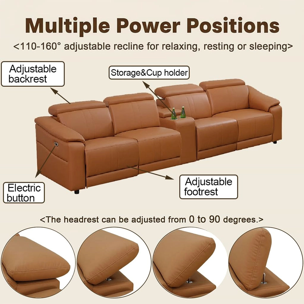 Ainehome Light Brown Leather 5-Seater Modular Power Reclining Sectional Sofa Set with Smart Storage & USB