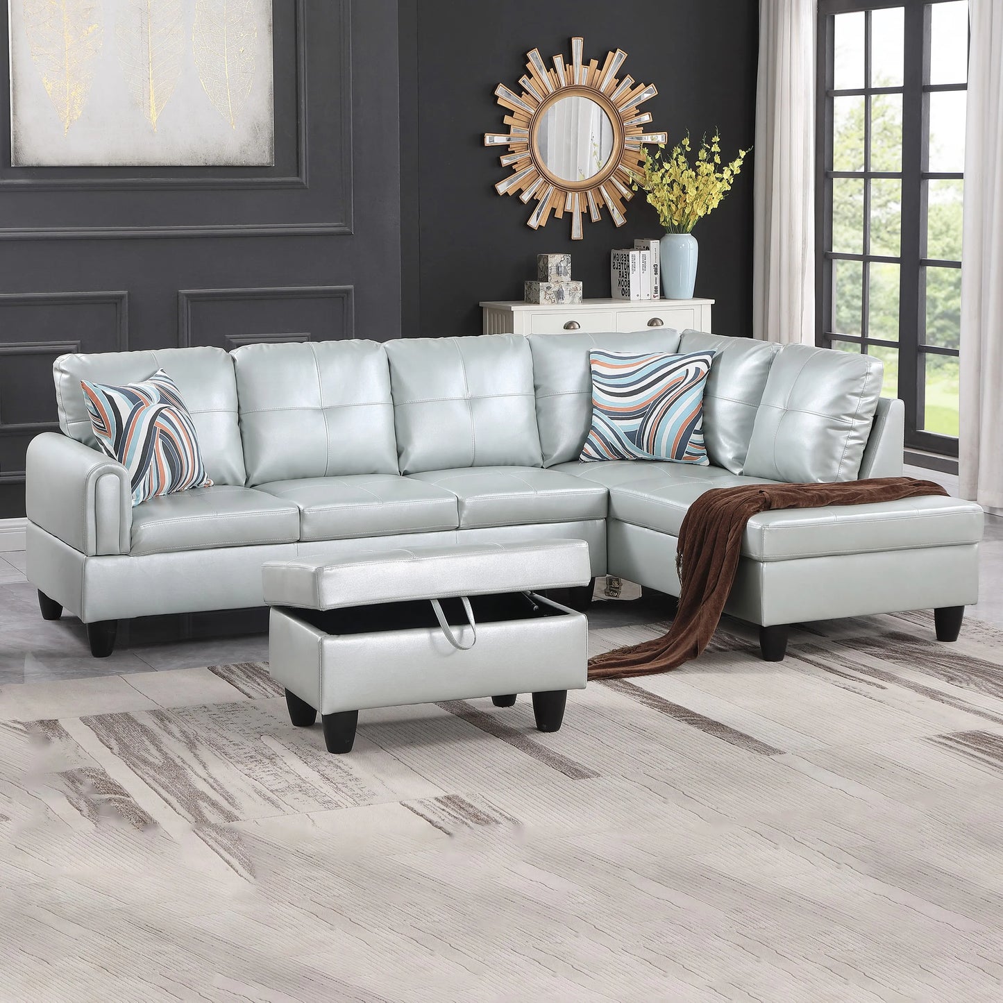 97" Wide Silver Green Faux Leather L-Shaped Living Room Sectional Sofa Set