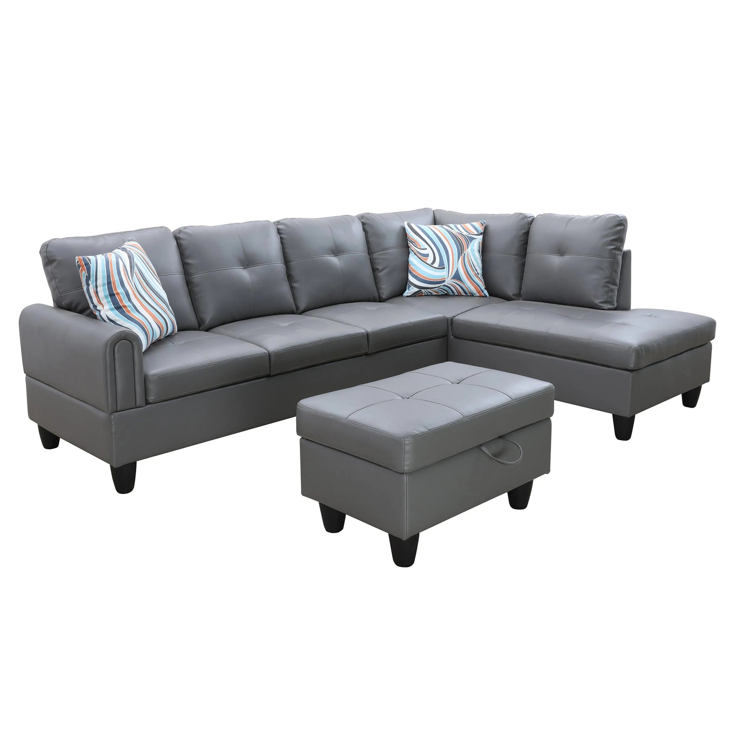 Ainehome 97" Wide Dark Grey Faux Leather L-Shaped Living Room Sectional Sofa Set