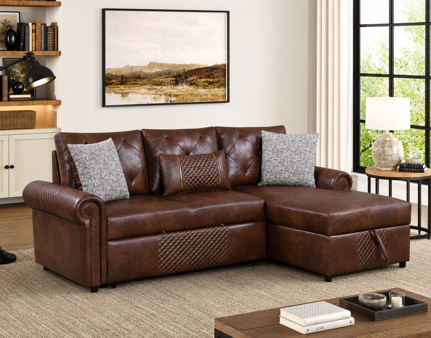 Avalon Brown 2-Piece Leather Gel Pull-Out Bed Sectional with Storage