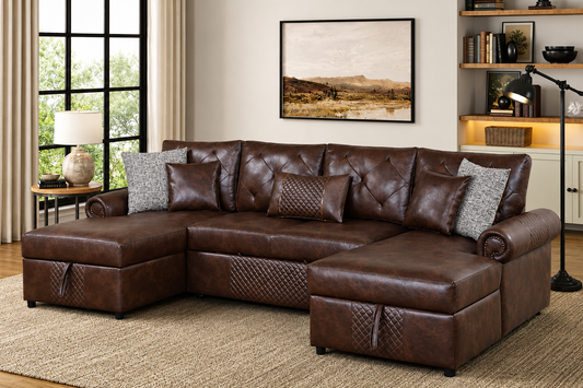 Sahara Brown 3-Piece Leather Gel Double-Chaise Sectional with Storage