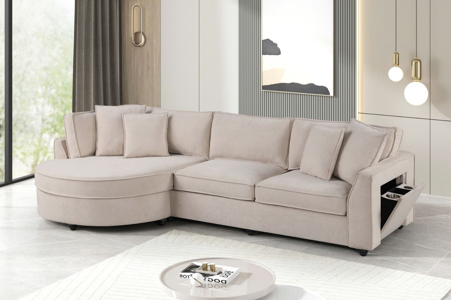 Elva Beige Sectional — storage arm open