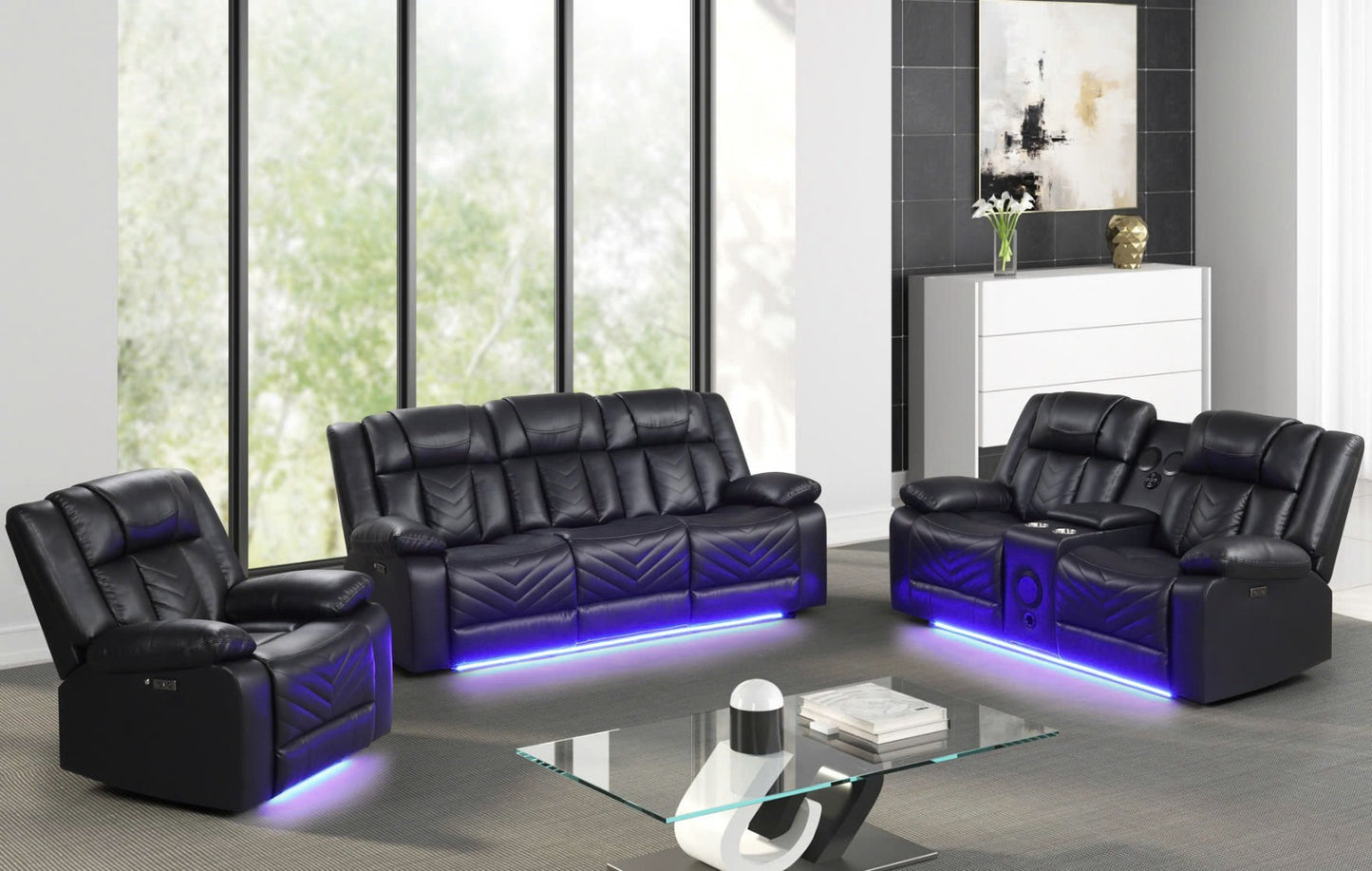 Hilton 3-Piece Leather Gel Power Reclining Set - Black