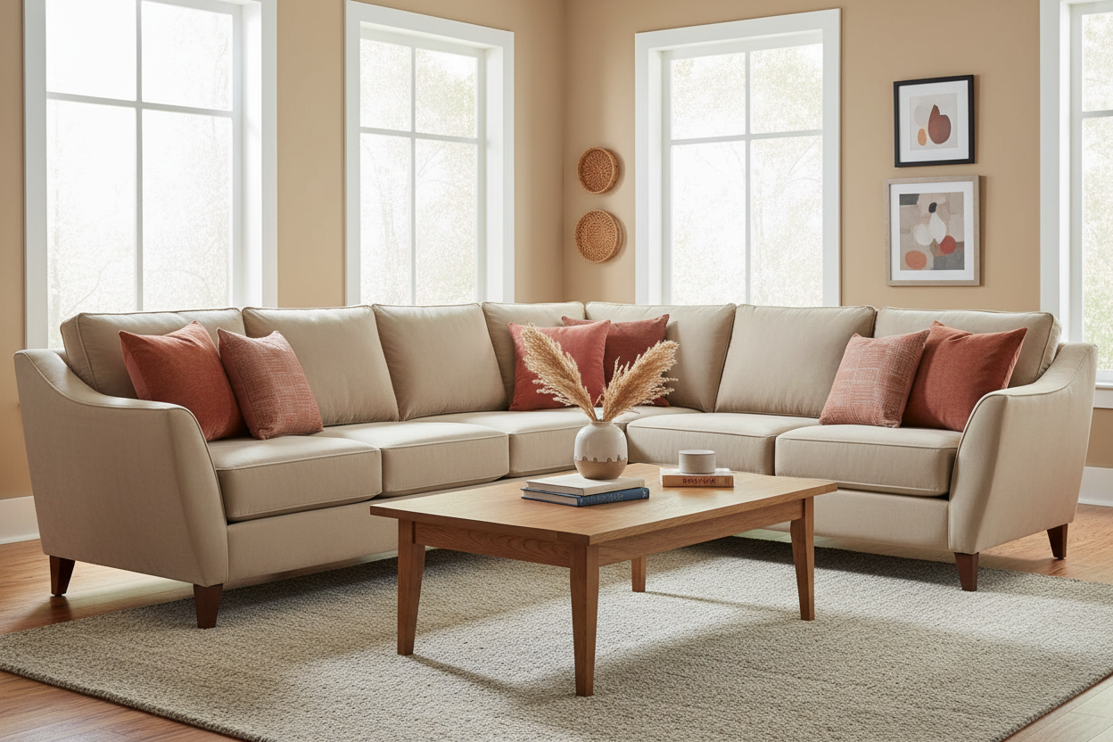 Christine 2-piece beige chenille sofa set styled in a warm transitional living room