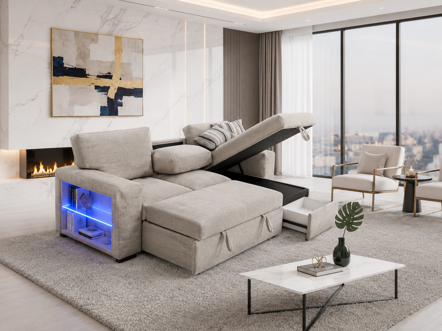 Judy Grey Reversible Pull-Out Bed Sectional with Speakers and LED