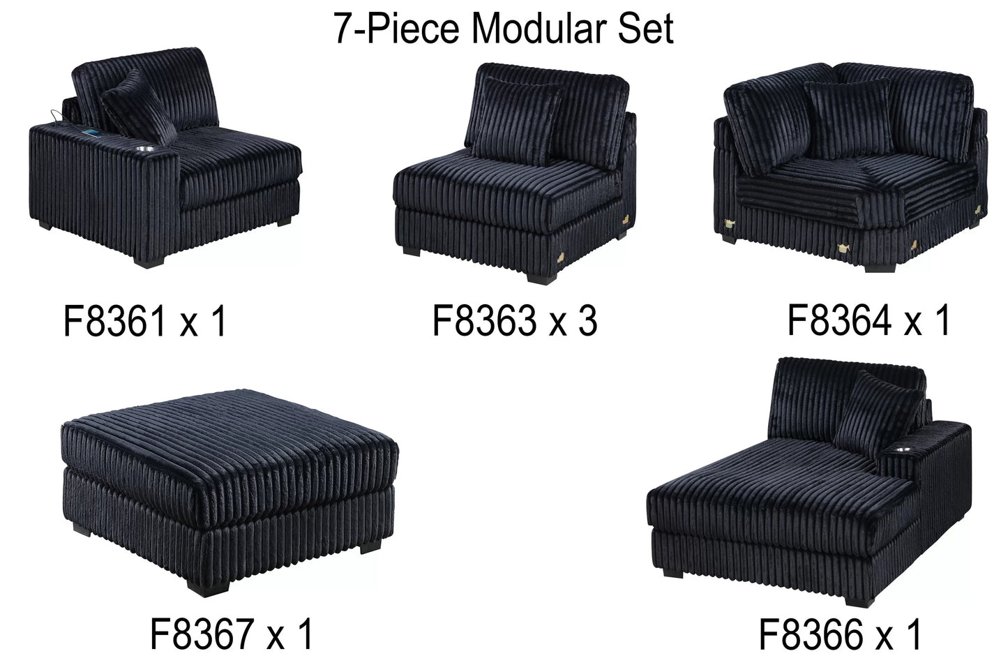 Black 7-Piece Modular Sectional Set — Poundex configuration 194, image 3