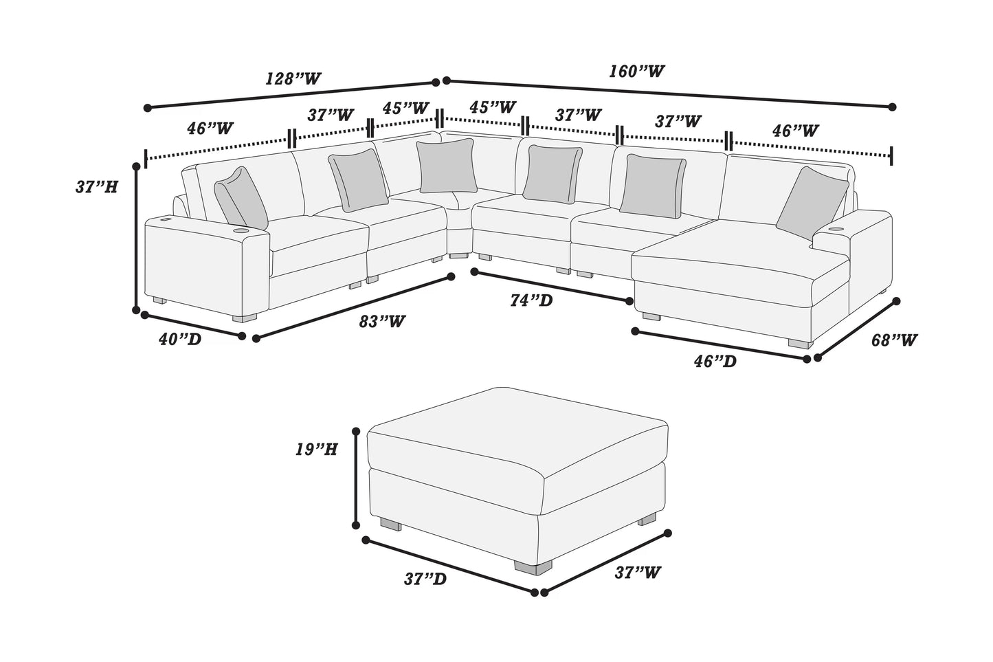 Black 7-Piece Modular Sectional Set — Poundex configuration 194, image 6
