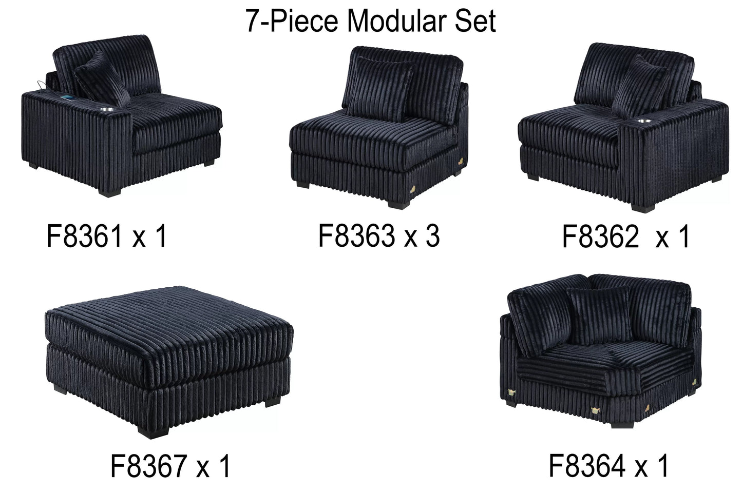 Black 7-Piece Modular Sectional Set — Poundex configuration 195, image 3