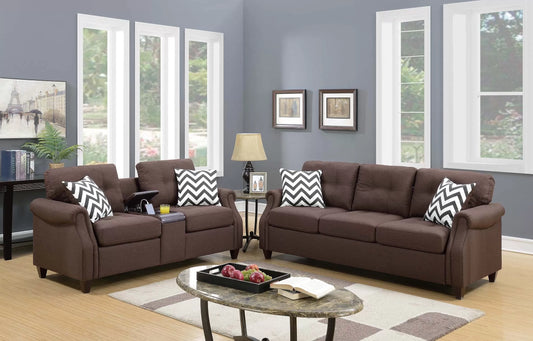 Dark Coffee 2-Piece Stationary Sofa & Loveseat Set — Poundex F6413, authentic image 1