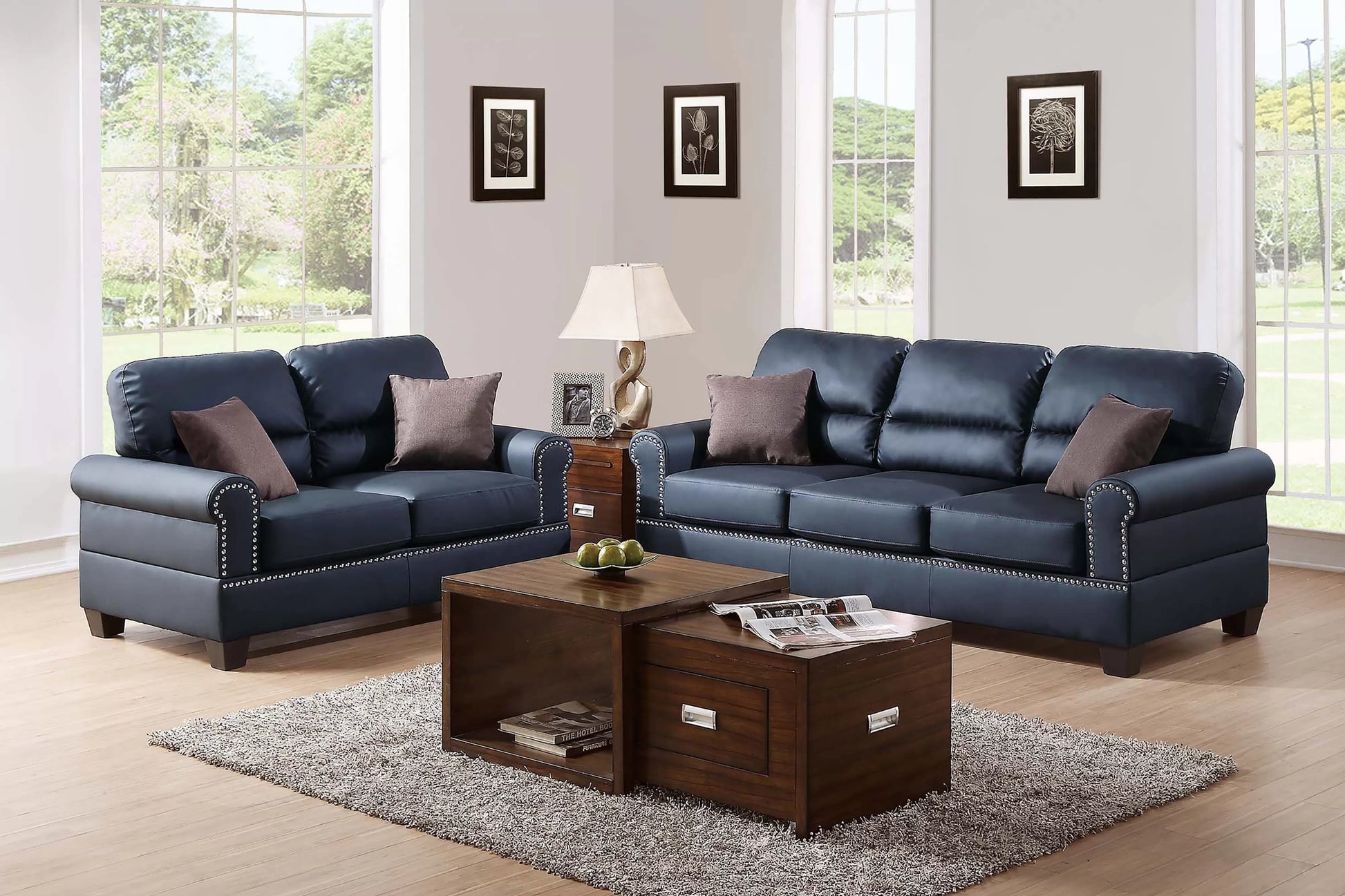 Black 2-Piece Stationary Sofa & Loveseat Set — Poundex F7877, authentic image 1
