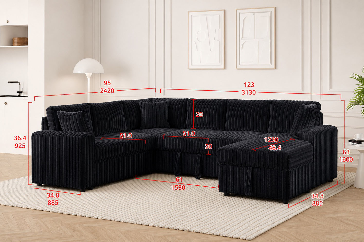 Ryder black sleeper sectional feature view