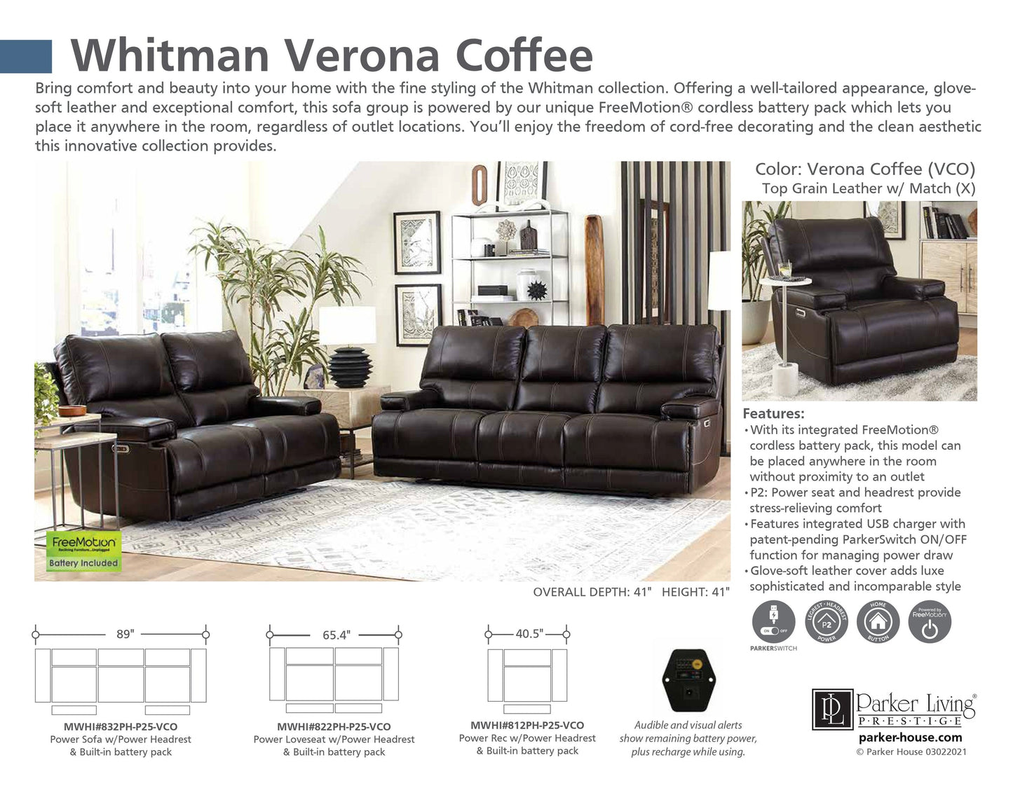 WHITMAN - VERONA COFFEE - POWERED BY FREEMOTION POWER CORDLESS RECLINER