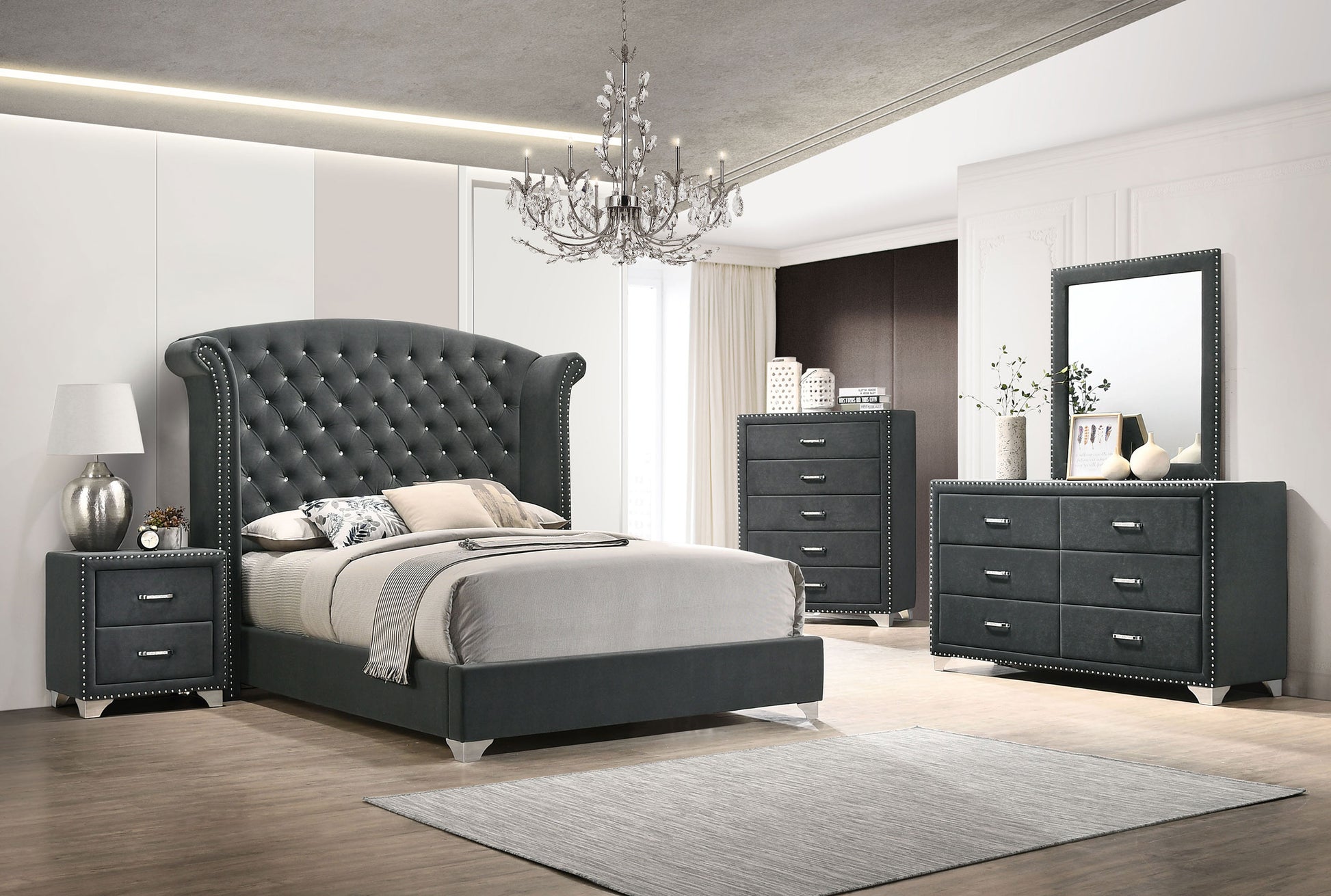 grey velvet dresser Melody 6-drawer Upholstered Dresser with Mirror Grey – Furniture World (Las Vegas)