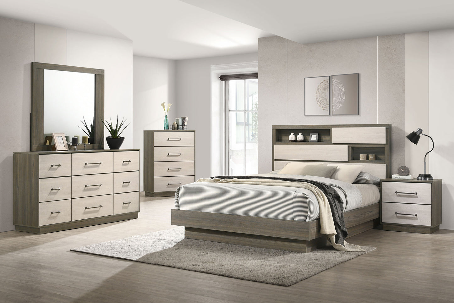 Fenwick Queen Bed Bookcase Headboard Grey Oak