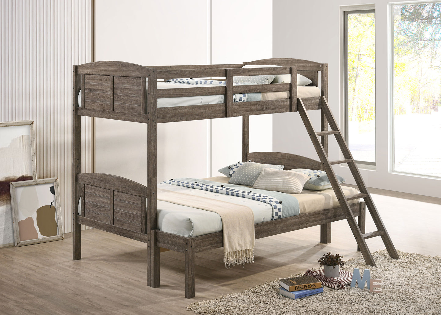 Flynn Wood Twin Over Full Bunk Bed with Mattress Weathered Brown