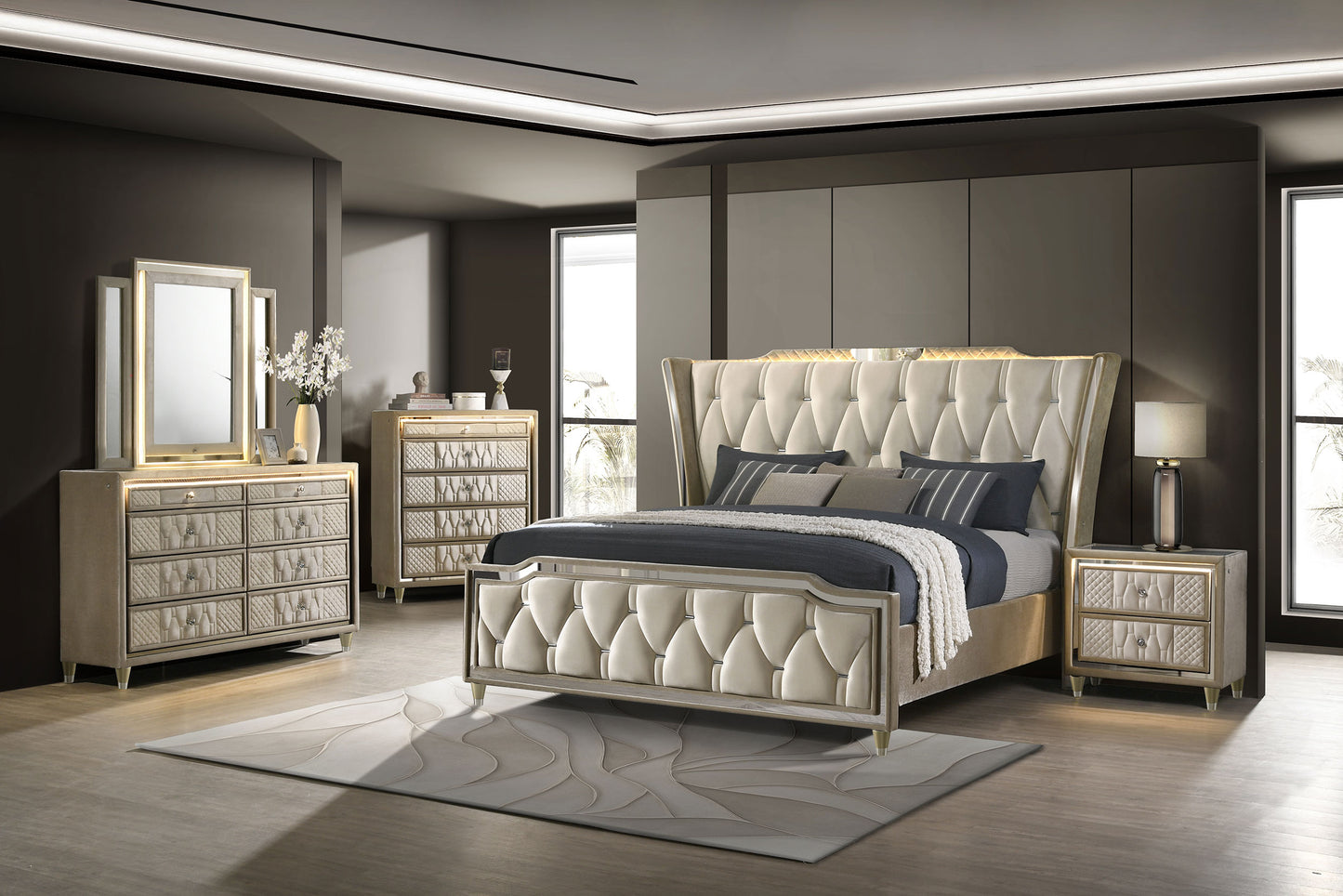 Lorient 8-drawer LED Dresser with Mirror Ivory and Camel