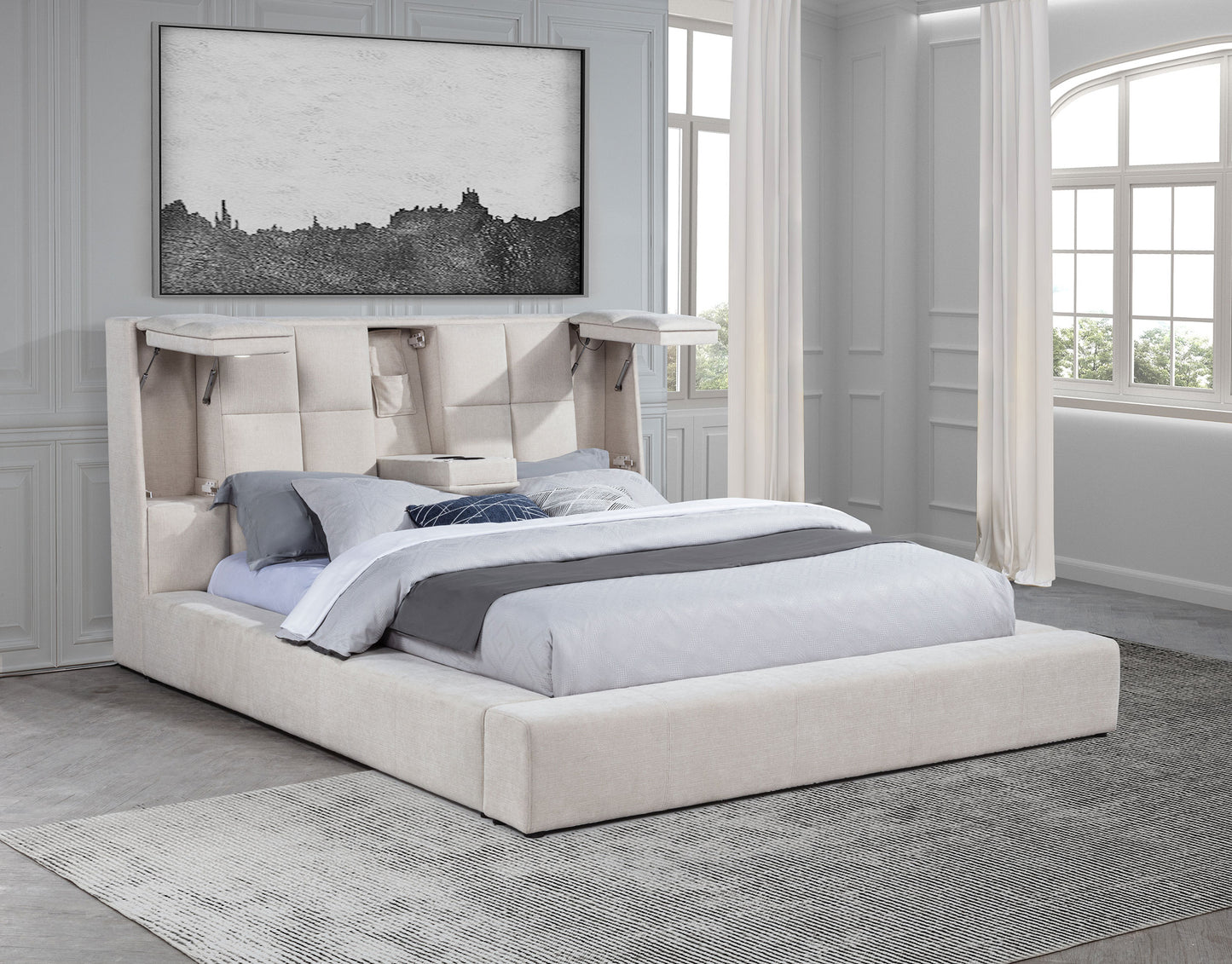 Dreux Upholstered Eastern King Panel Platform Bed Cream