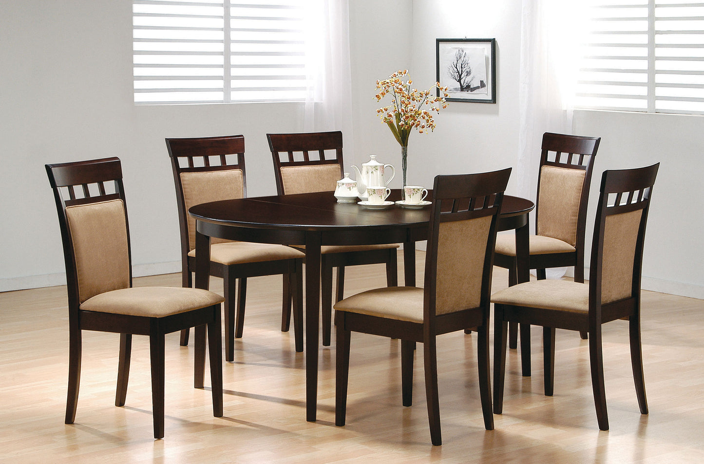 Gabriel 7-Piece Upholstered-Back Oval Extension Dining Set Cappuccino