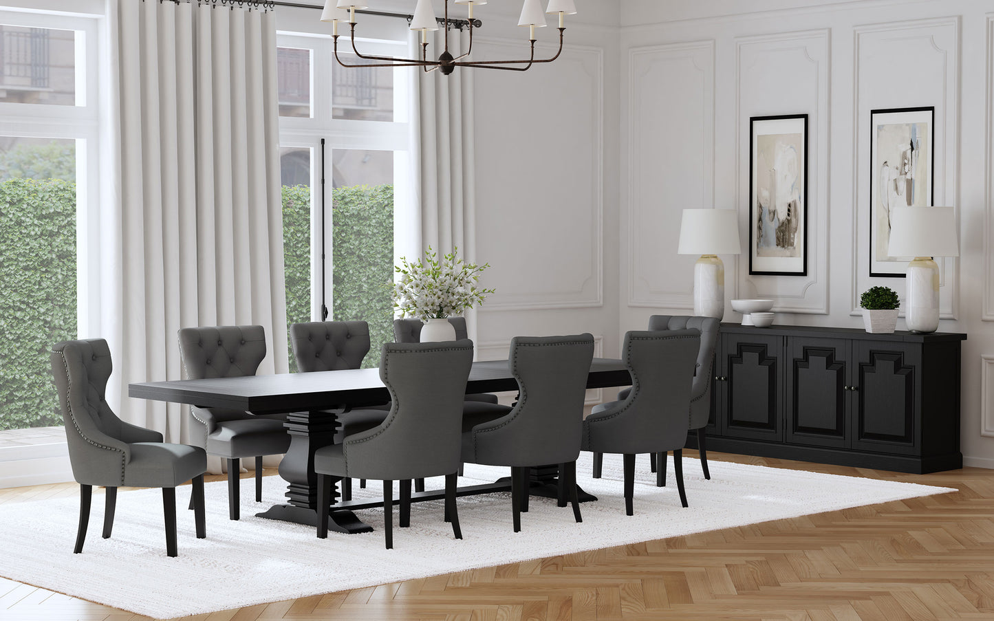 Florence gray nine-piece dining room set with upholstered nailhead chairs