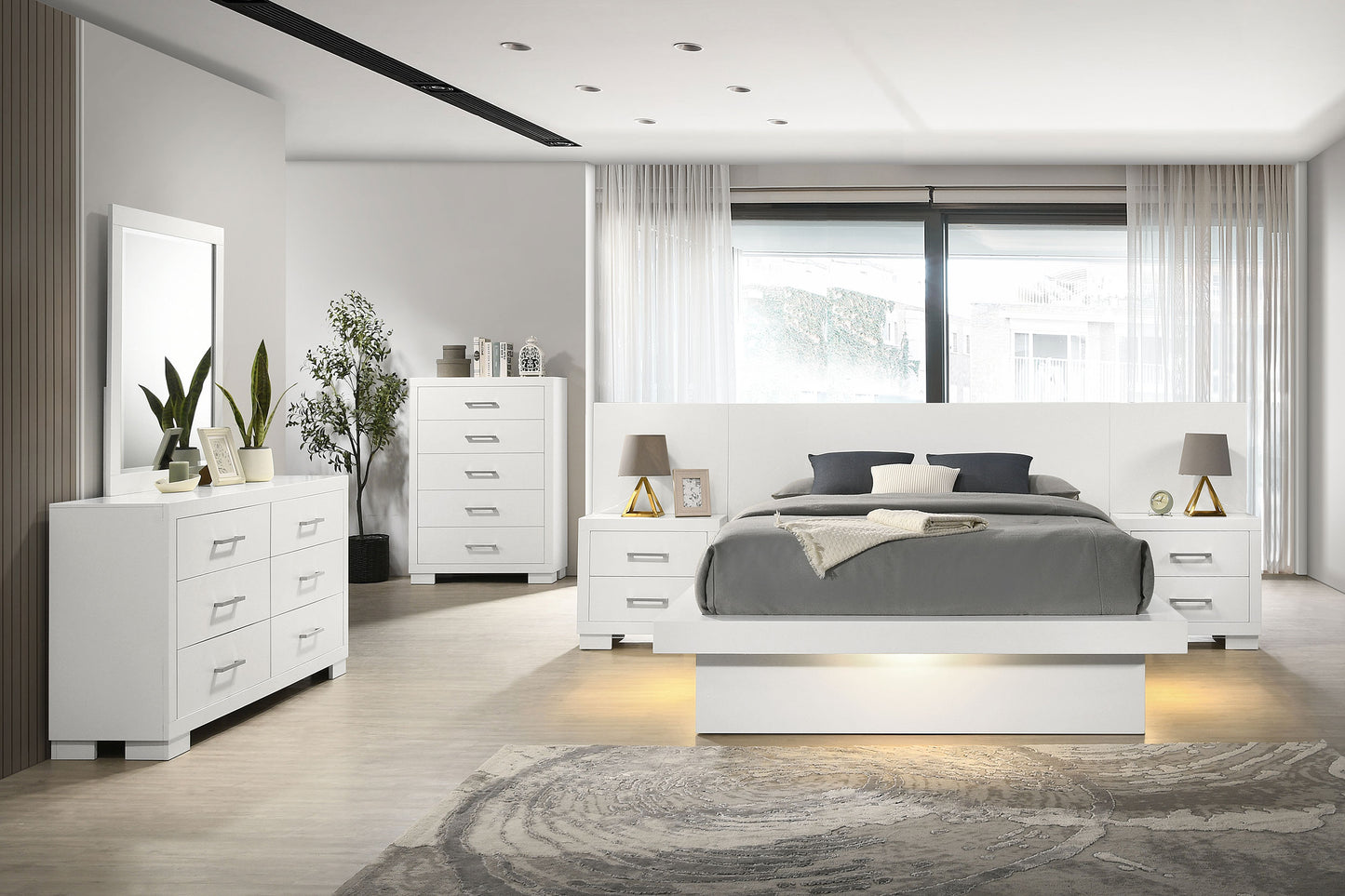 Jessica Wood Eastern King LED Panel Bed Snow White