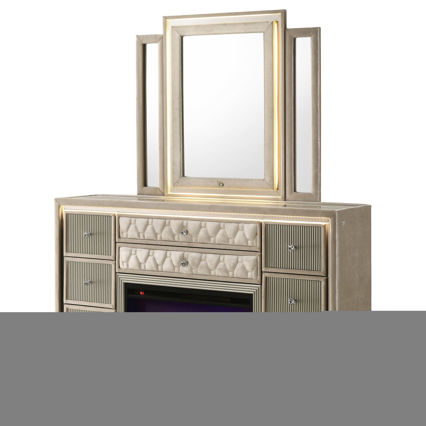 Lorient 8-drawer LED Flame Box Dresser and Mirror Ivory Camel