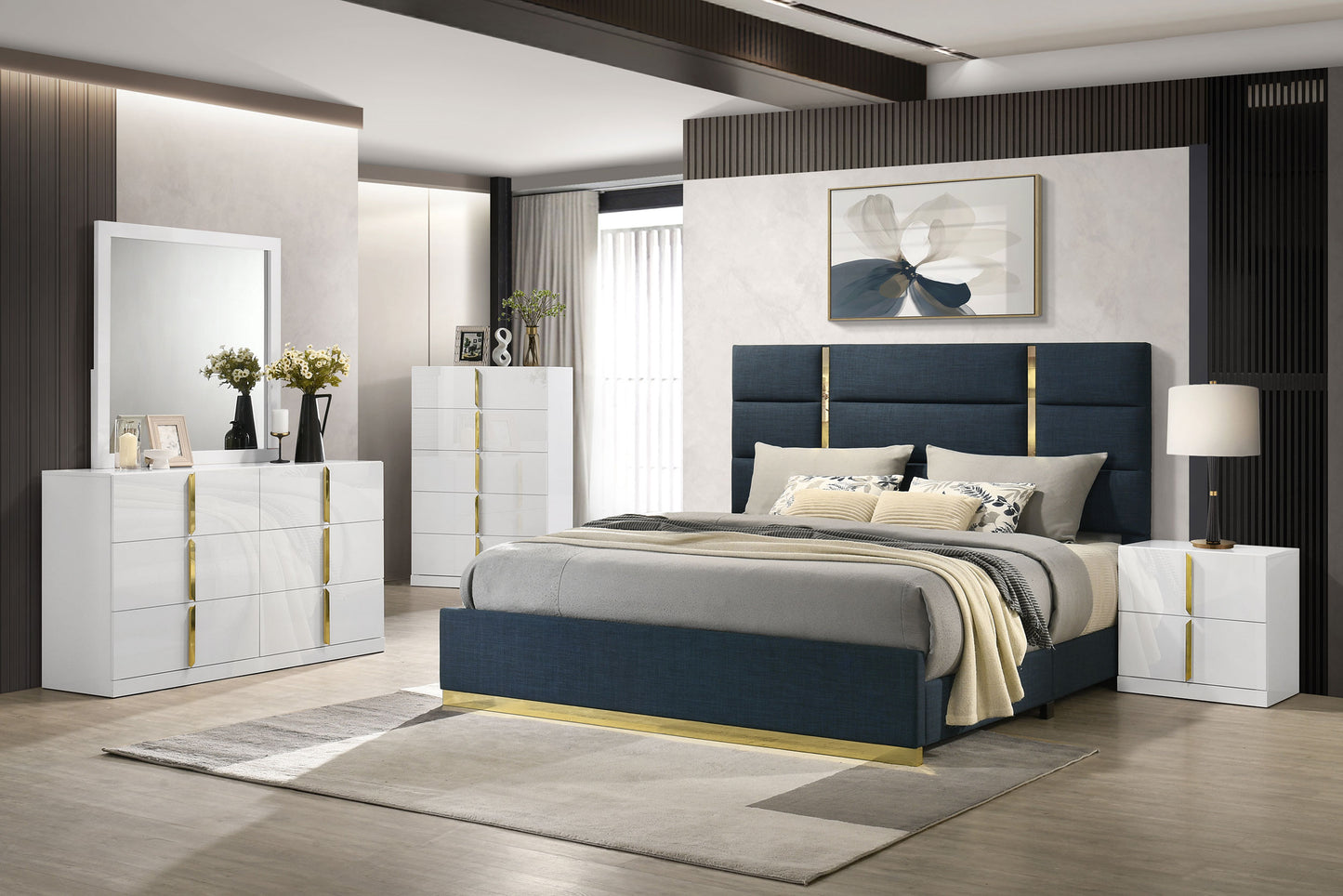 Ines 56-inch Fabric Upholstered Eastern King Panel Bed Navy