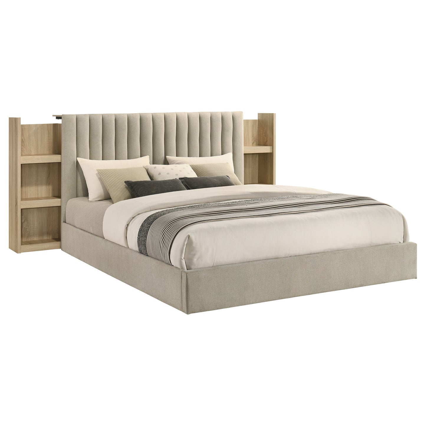 Arielle Eastern King Upholstered Bookcase Bed Light Tan and Light Oak
