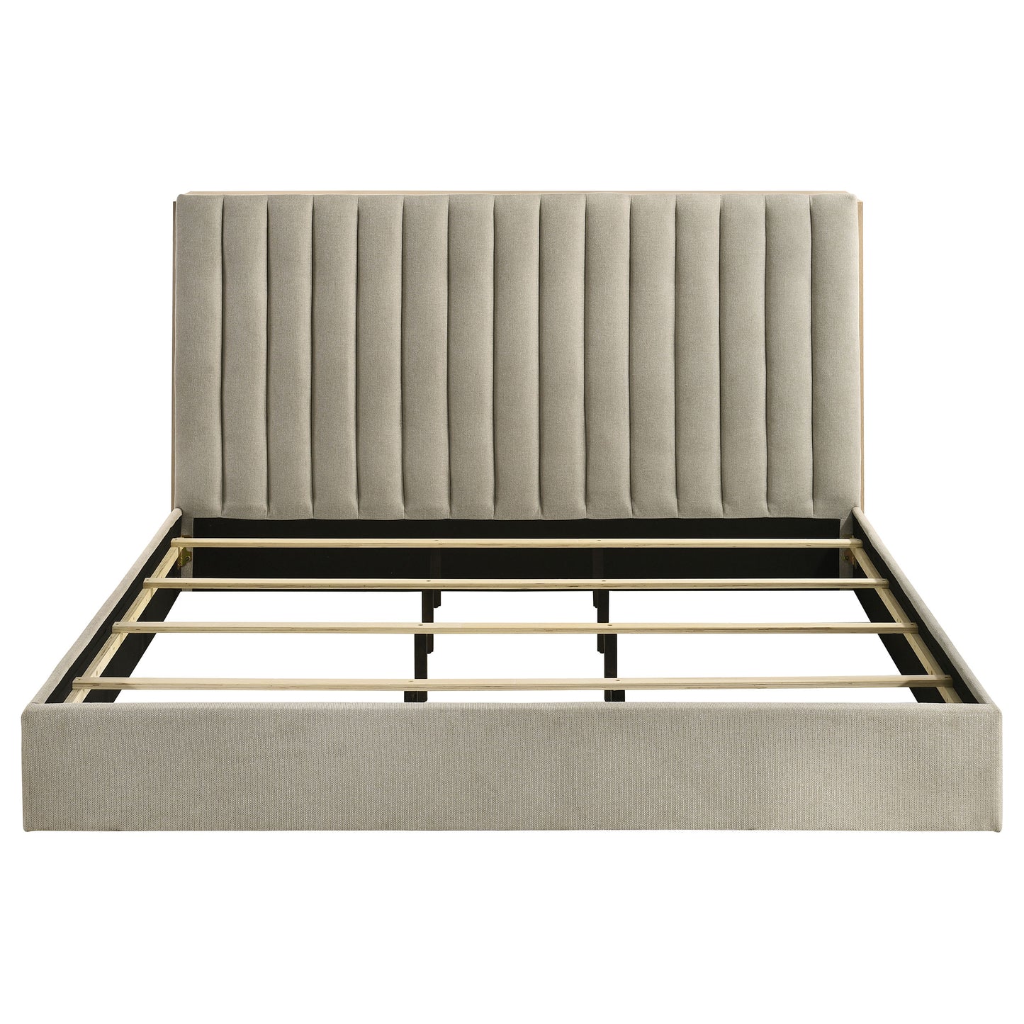 Arielle Eastern King Upholstered Bookcase Bed Light Tan and Light Oak