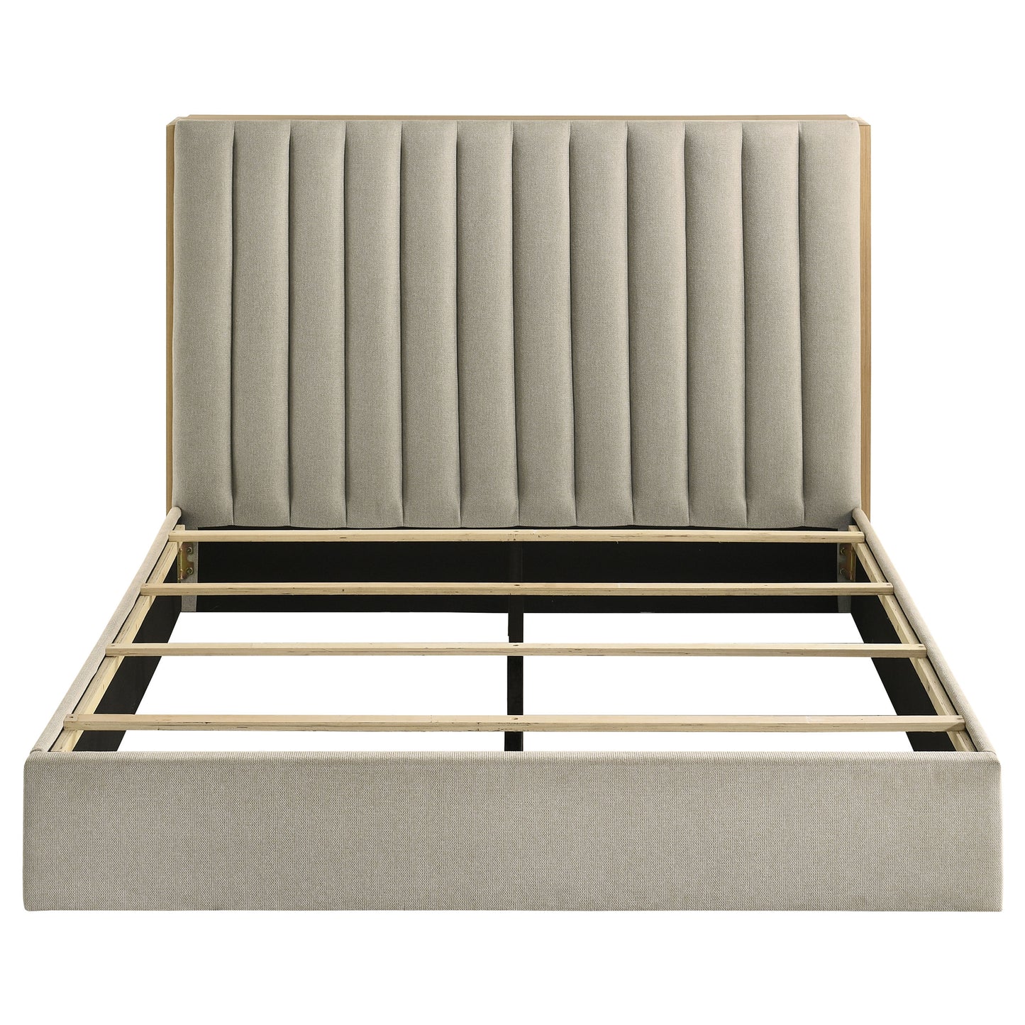 Arielle Queen Upholstered Bookcase Bed Light Tan and Light Oak