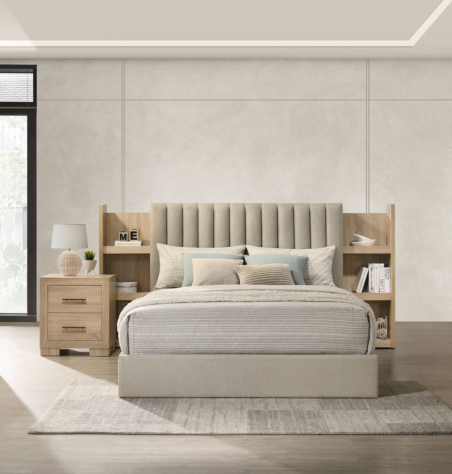 Arielle Queen Upholstered Bookcase Bed Light Tan and Light Oak