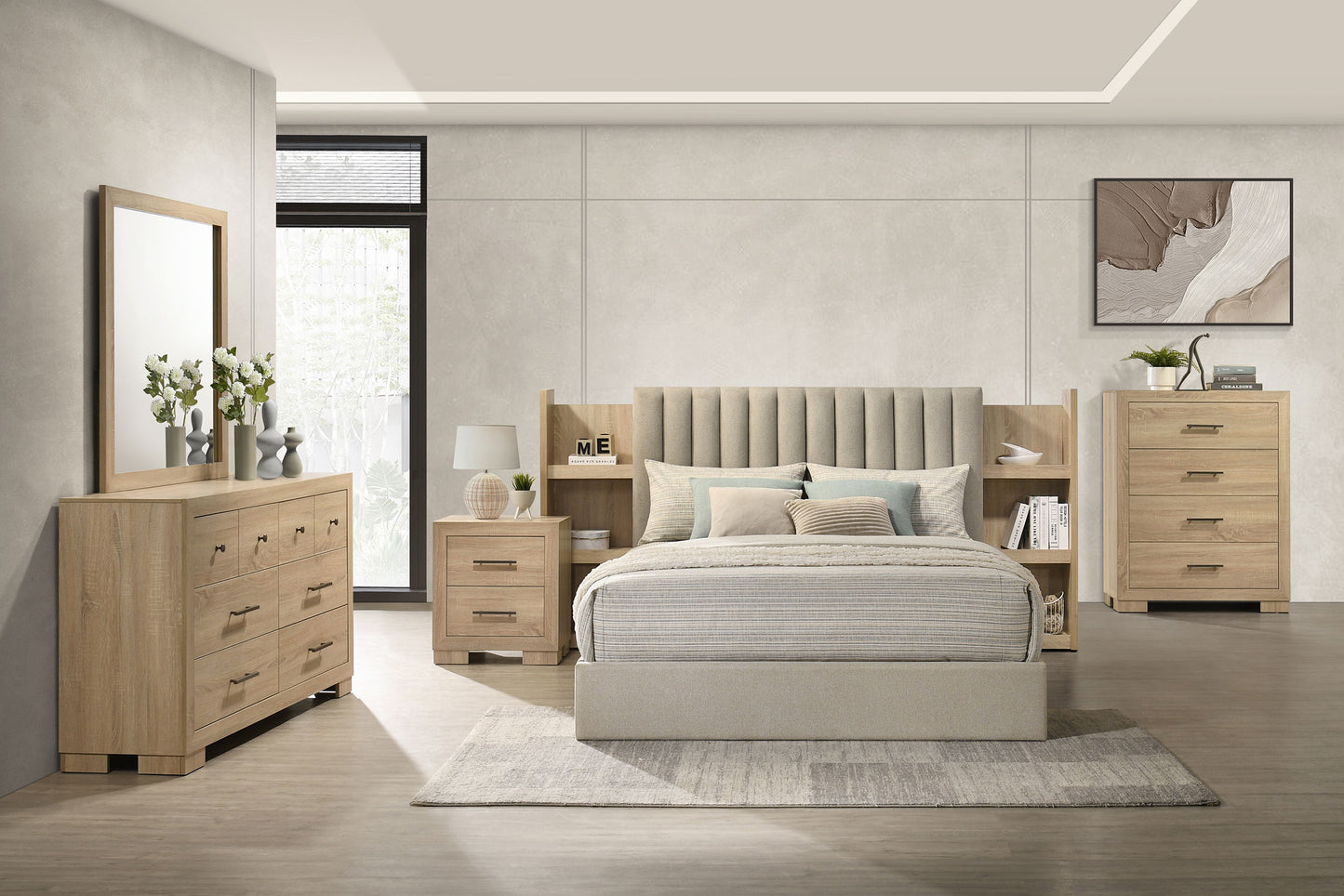 Arielle Queen Upholstered Bookcase Bed Light Tan and Light Oak