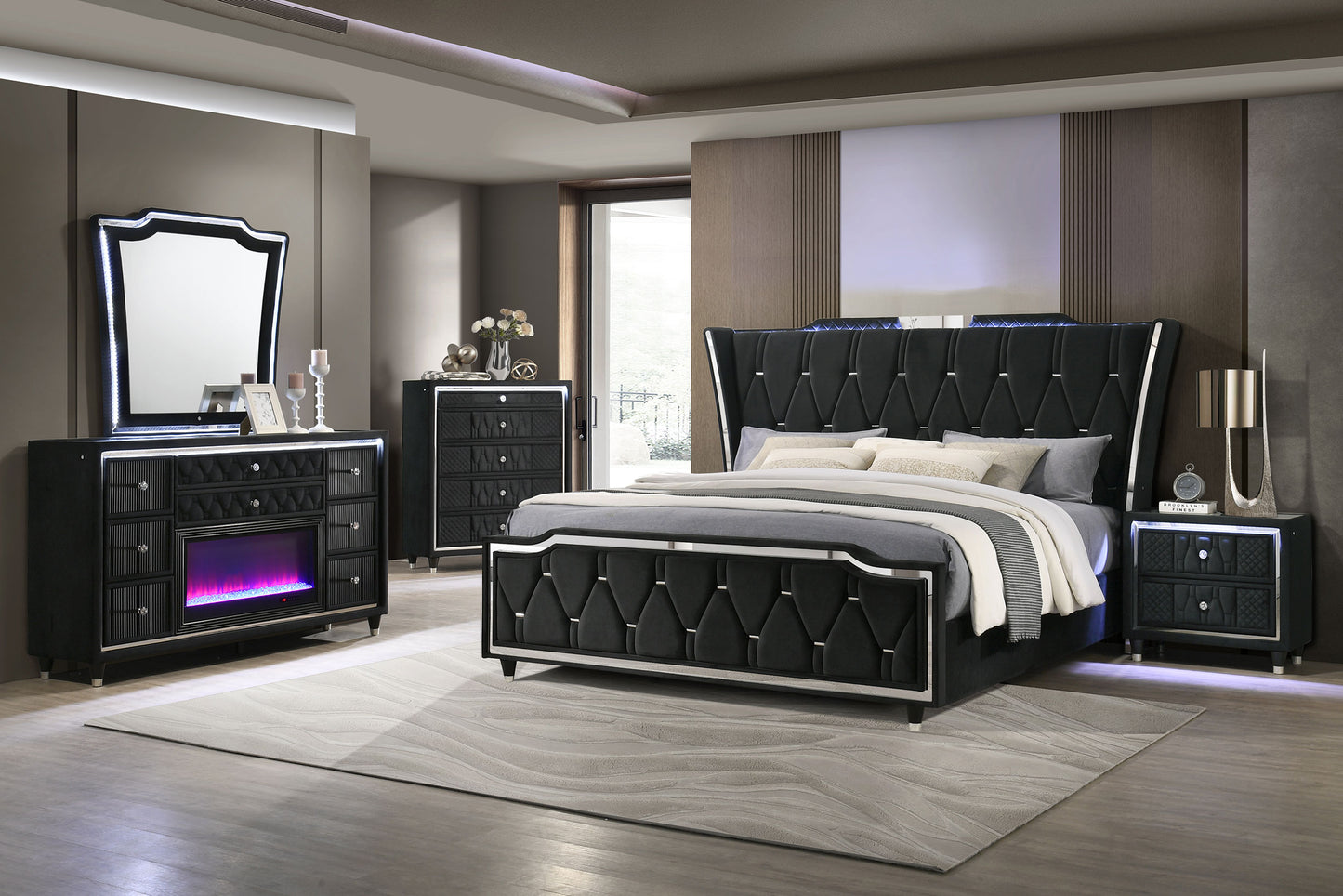 Lorient 8-drawer LED Flame Box Dresser and Mirror Black