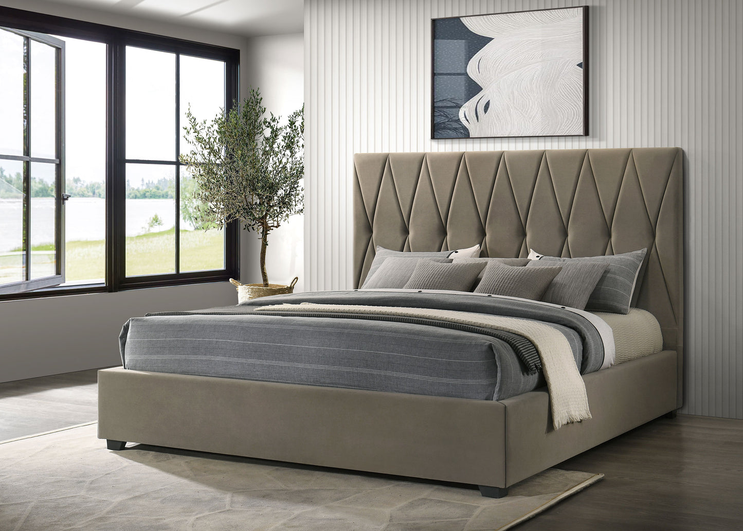 Delsea Upholstered Eastern King Panel Platform Bed Light Brown