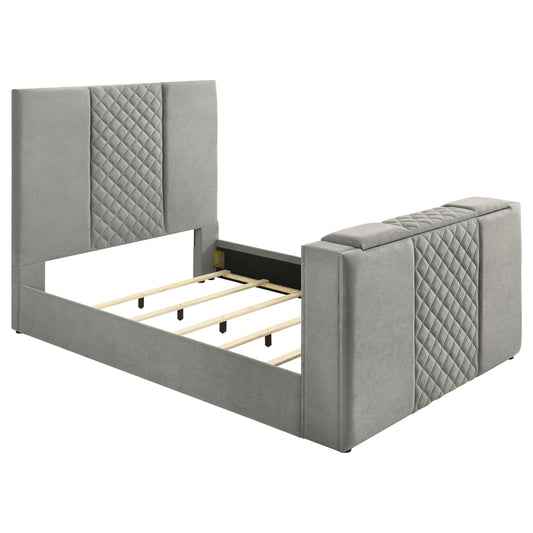 Tara 61-inch Upholstered Queen Panel TV Bed Grey