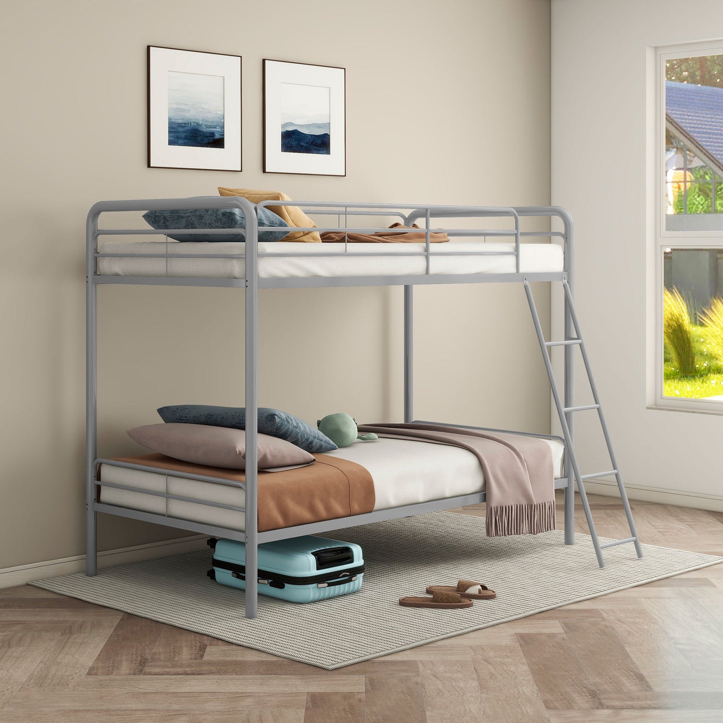 Carson Twin-Over-Twin Steel Bunk Bed with Angled Ladder Glossy Silver
