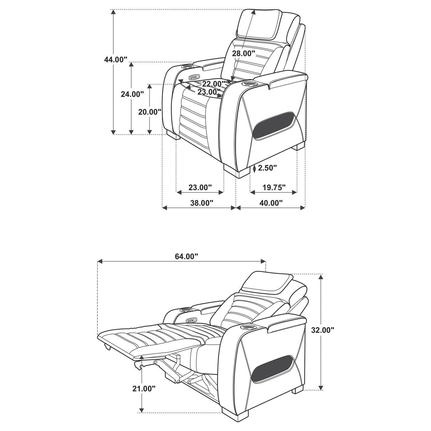 Zuma Dual Power Recliner with Cupholder Storage and LED Lighting Black