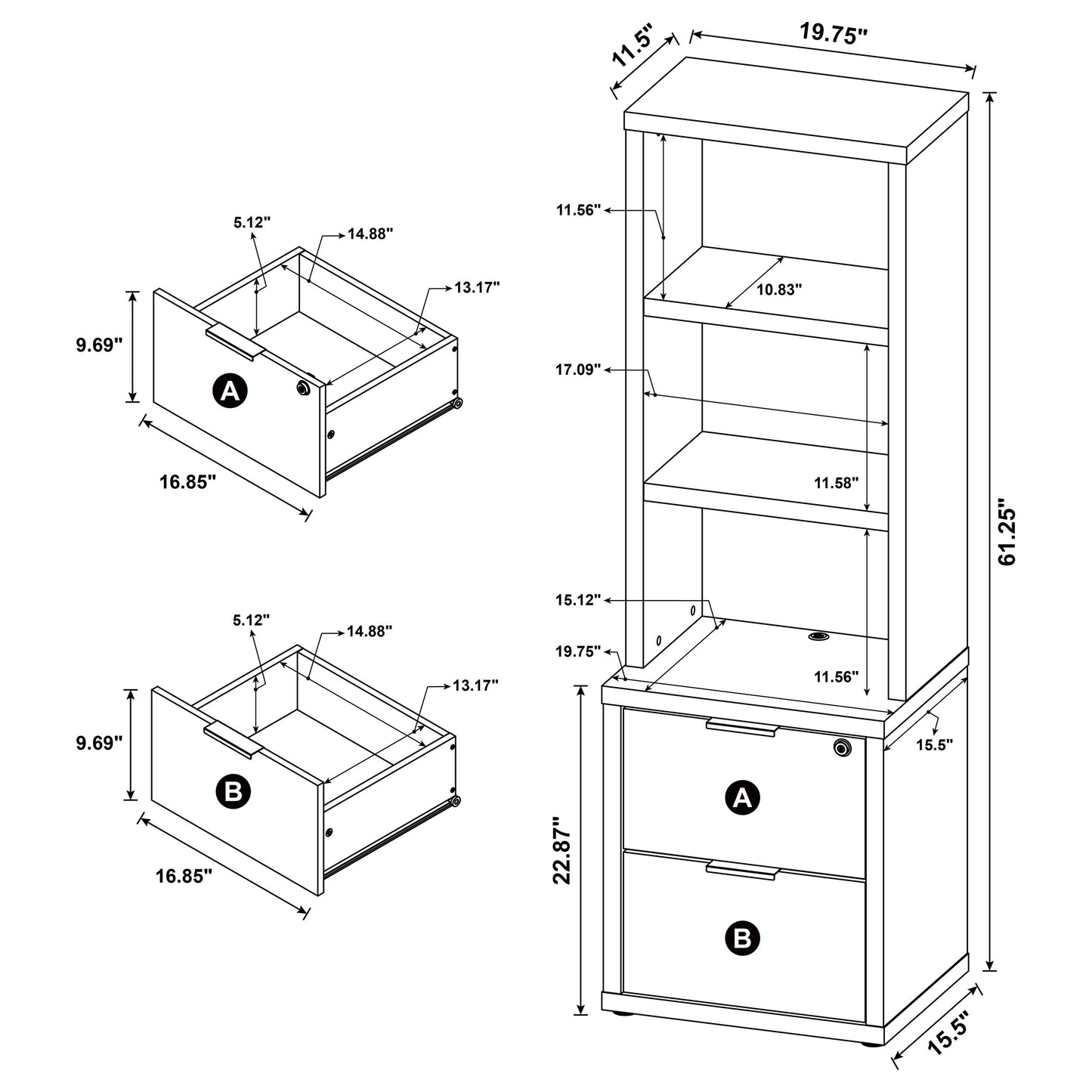 Westpark 3-shelf Bookcase USB and Lockable Drawer Dark Pine